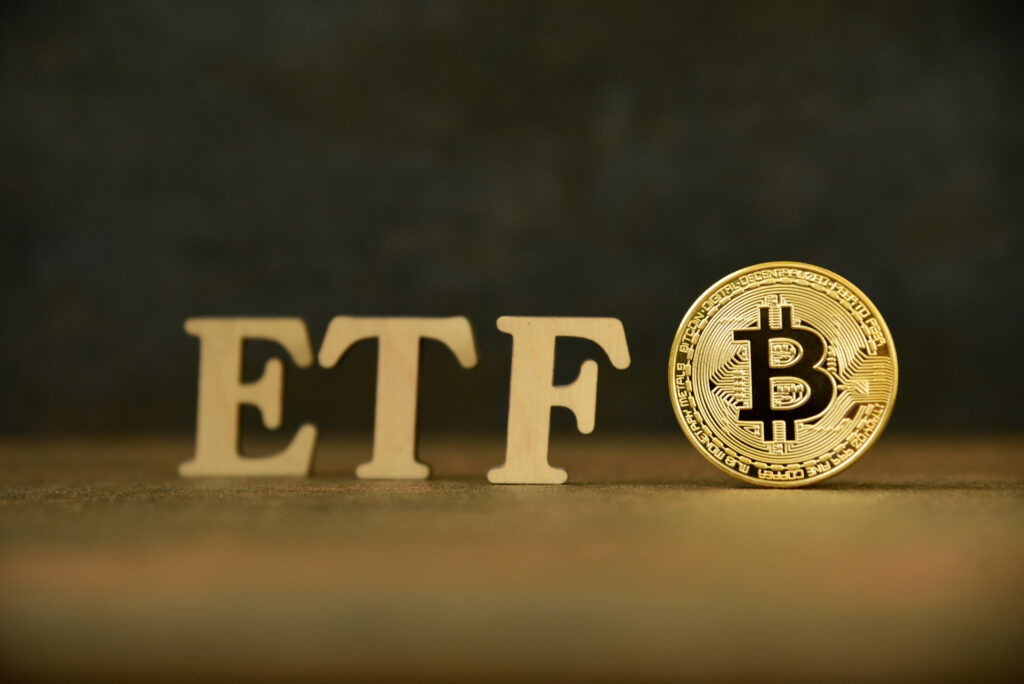 bitcoin coin with etf text stone background concept entering digital money fund etf bitcoin concept