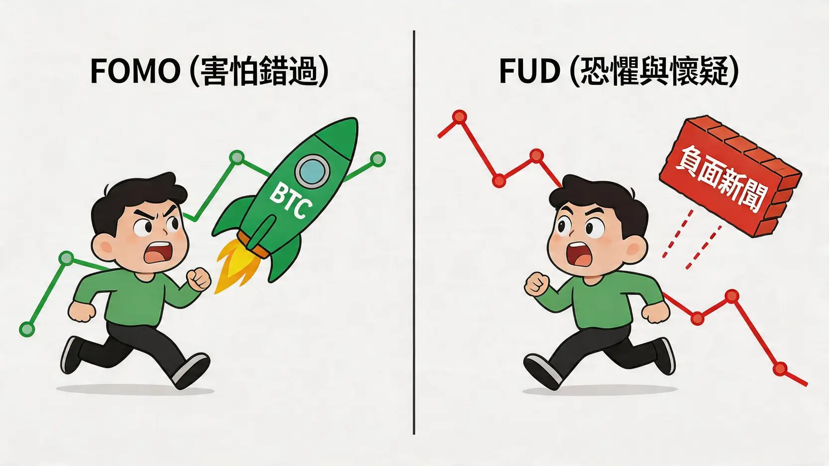 一張對比圖,左邊是代表FOMO的追漲行為,右邊是代表FUD的恐慌拋售行為。
