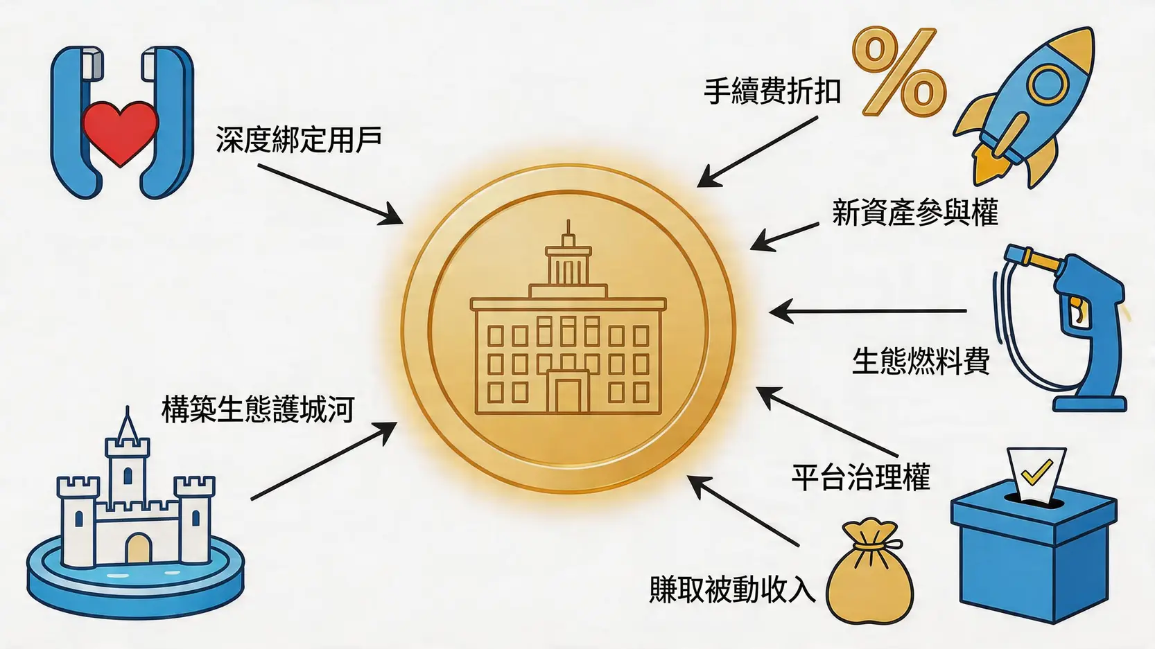 平台幣核心價值示意圖,展示其為交易所和用戶帶來的多重好處。