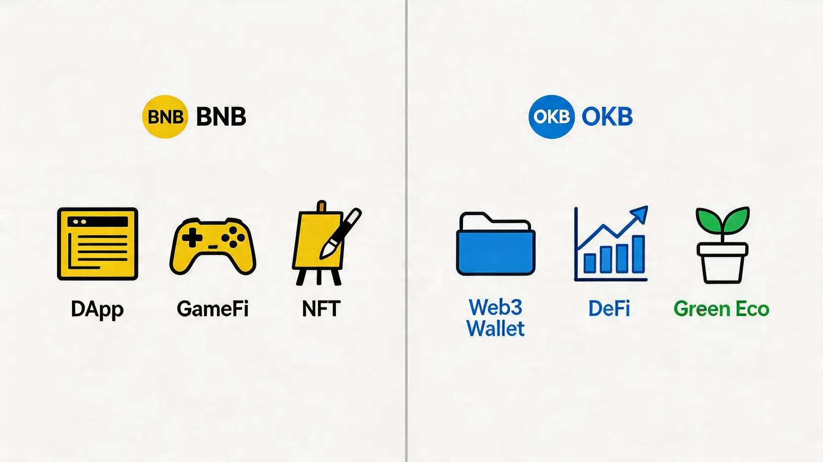BNB與OKB平台幣生態系統對比圖,展示了兩者在公鏈應用上的佈局。