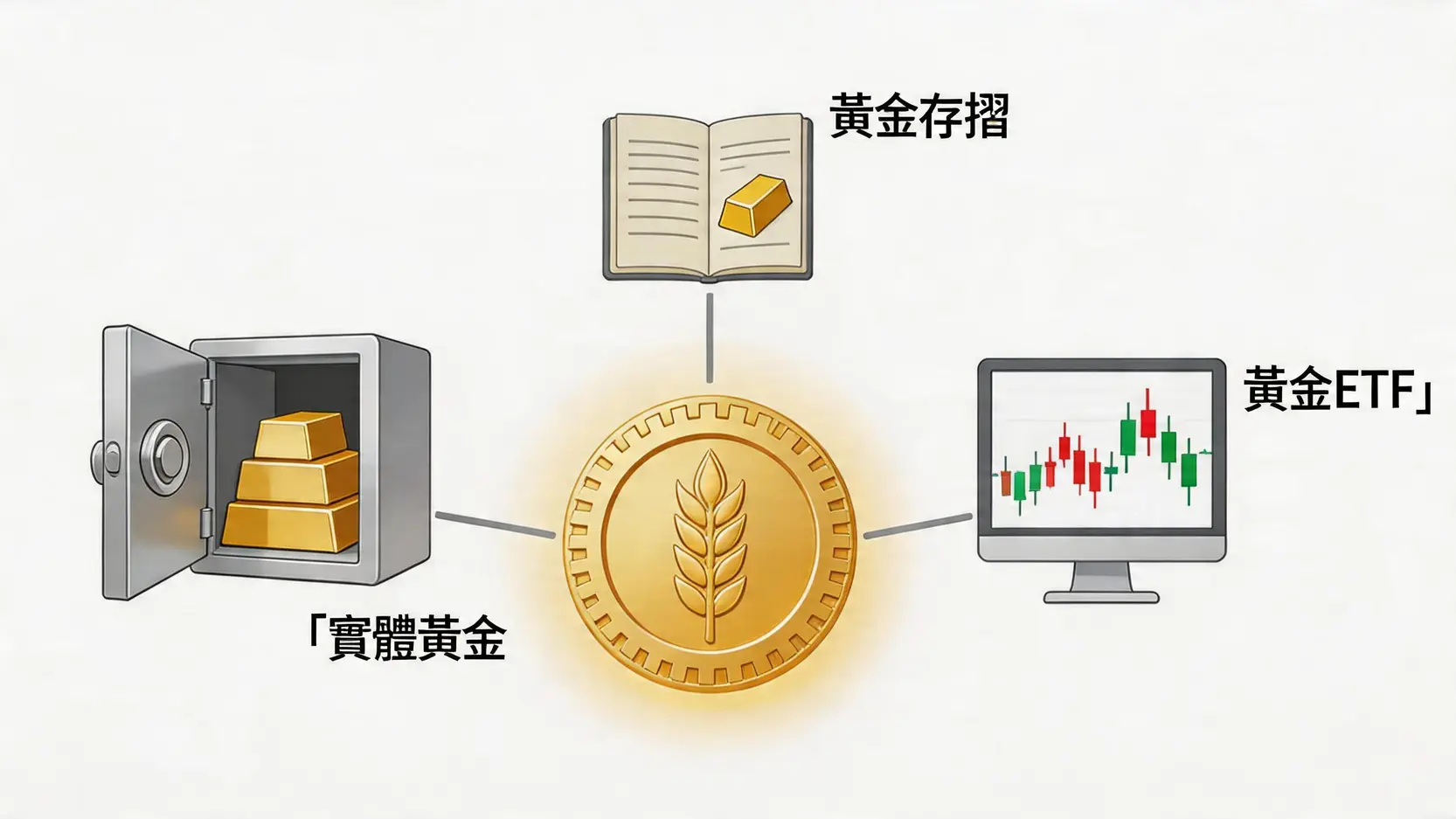 三種黃金投資方式概念圖:實體黃金、黃金存摺與黃金ETF