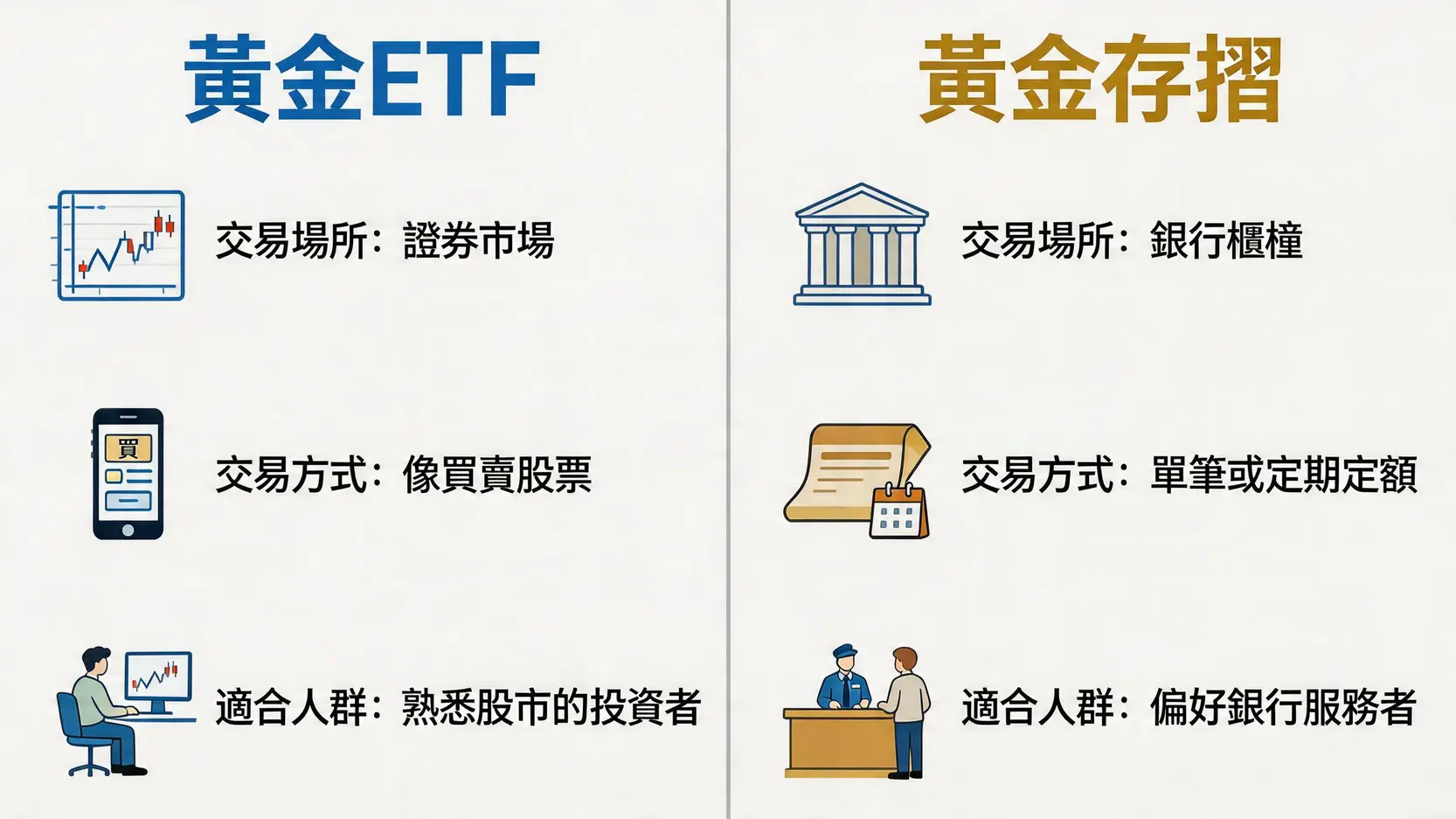 一張圖比較黃金ETF與黃金存摺兩種投資方式在交易場所、交易方式與適合人群上的區別。