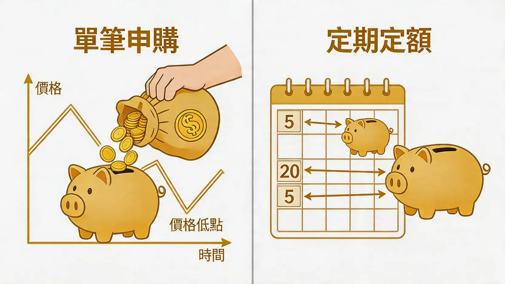 黃金存摺的兩種投資策略對比圖:單筆申購與定期定額。