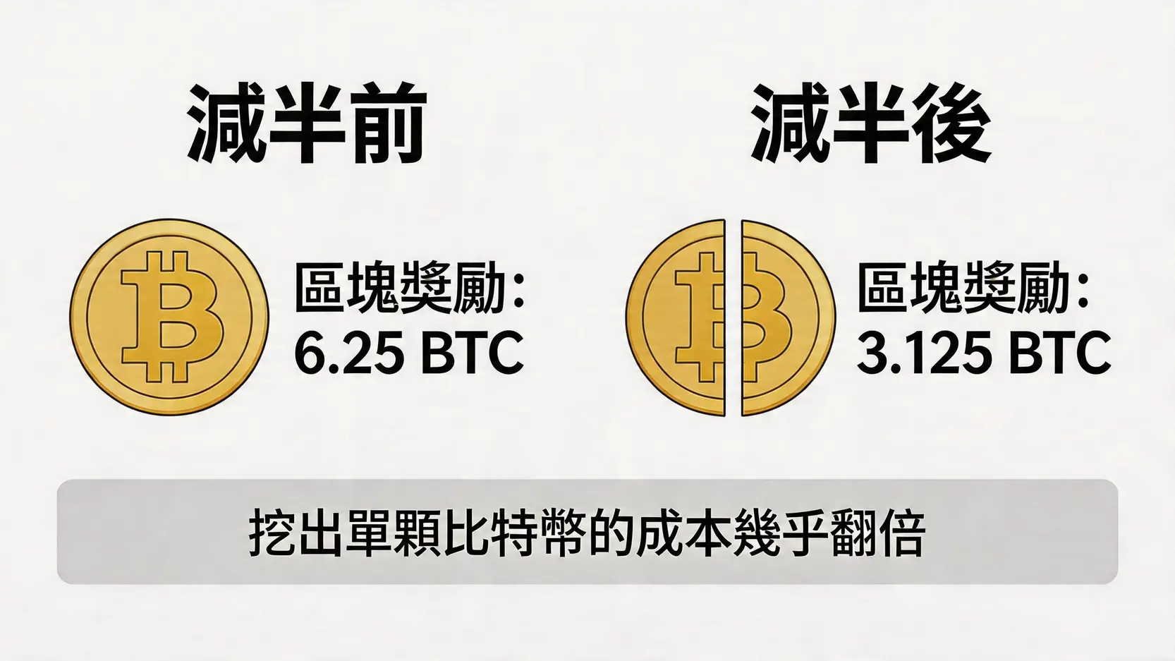 比特幣減半影響對比圖,顯示減半前後區塊獎勵從6.25 BTC減少到3.125 BTC,導致挖礦成本翻倍。