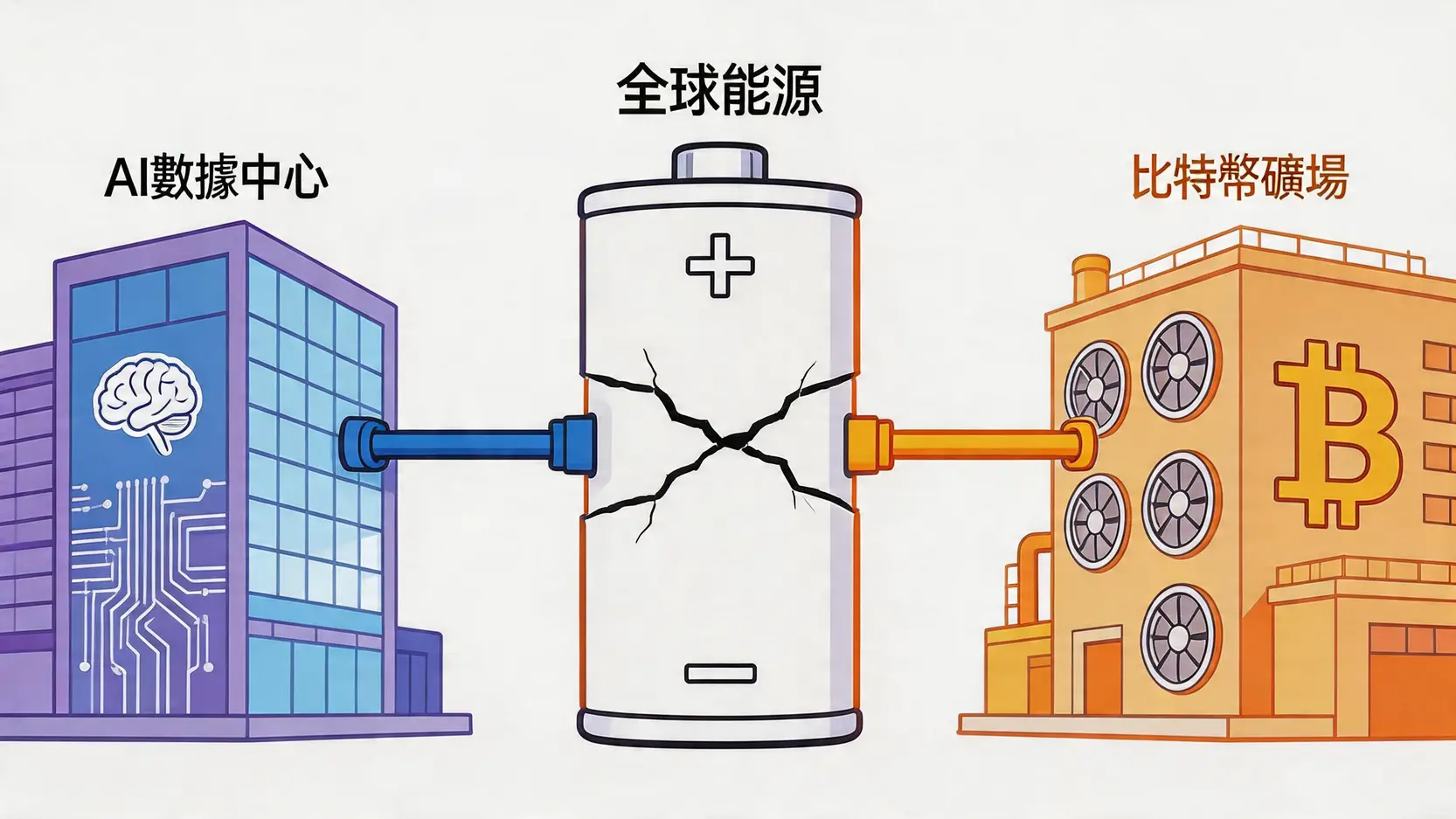 AI數據中心與比特幣礦場爭奪全球能源資源的概念圖。