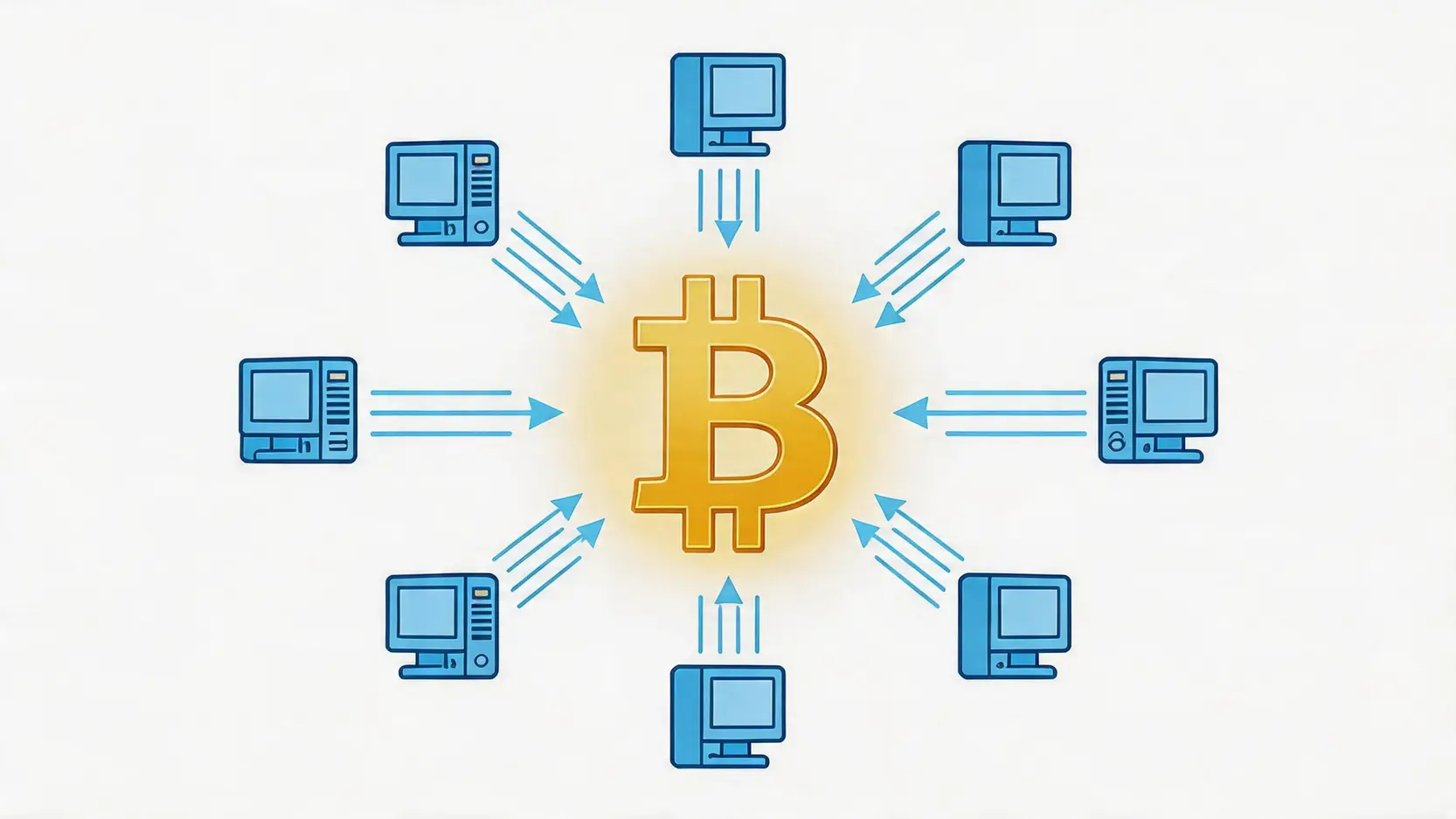 比特幣全網算力概念圖,展示全球礦機共同為網絡貢獻計算能力。