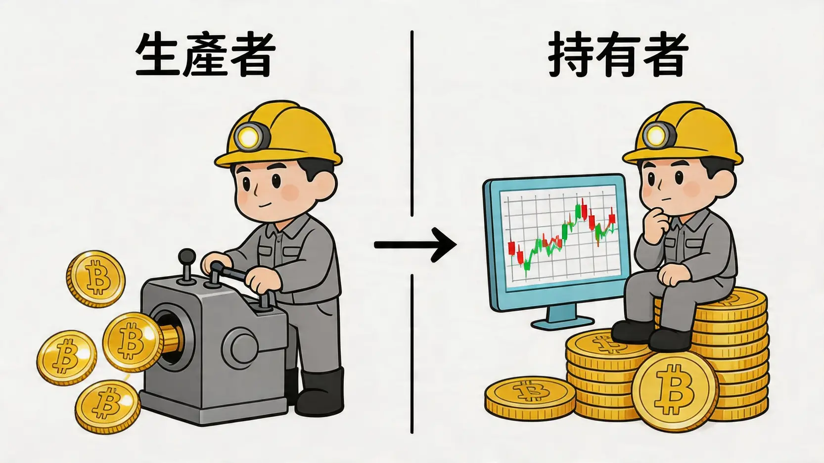 一張示意圖解釋比特幣礦工的雙重角色:左邊是生產比特幣的「生產者」,右邊是持有比特幣的「持有者」。