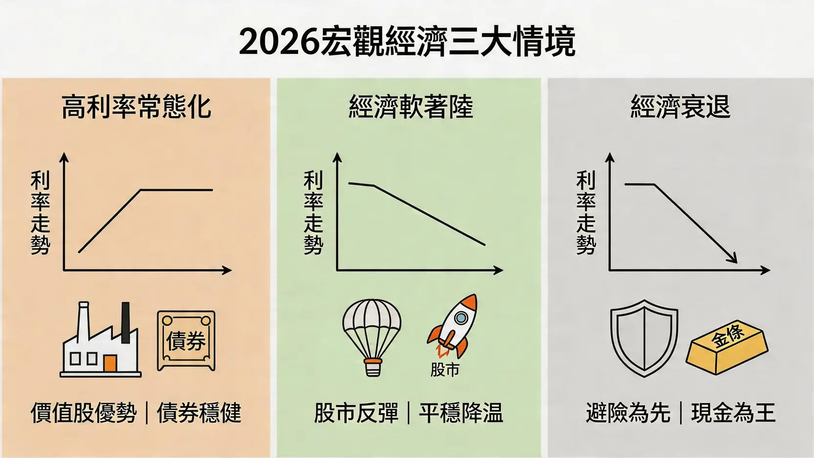 2026年全球宏觀經濟三大情境對比圖,分別展示了高利率、軟著陸和衰退情境下的投資策略。