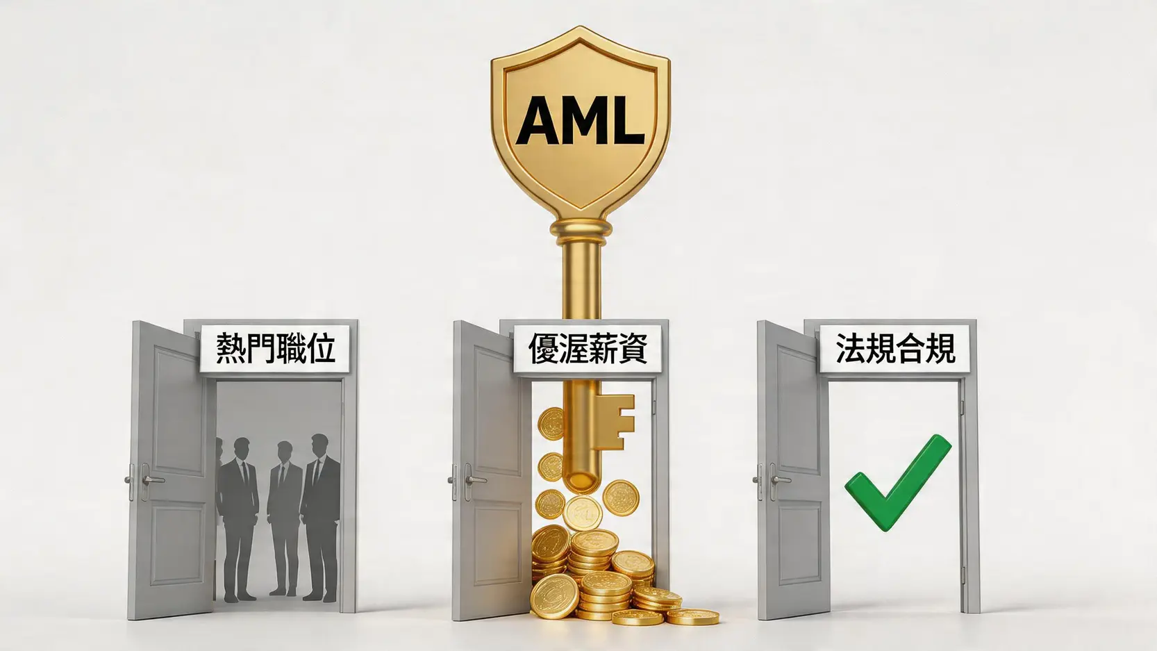 一張黃金鑰匙上寫著AML,正在解鎖通往熱門職位、優渥薪資和法規合規的三扇大門,象徵洗錢防制證照的重要性。
