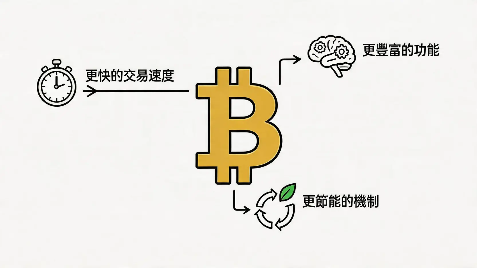 一張圖解釋比特幣與山寨幣的關係與創新差異,展示了山寨幣在交易速度、功能和共識機制上的改進。