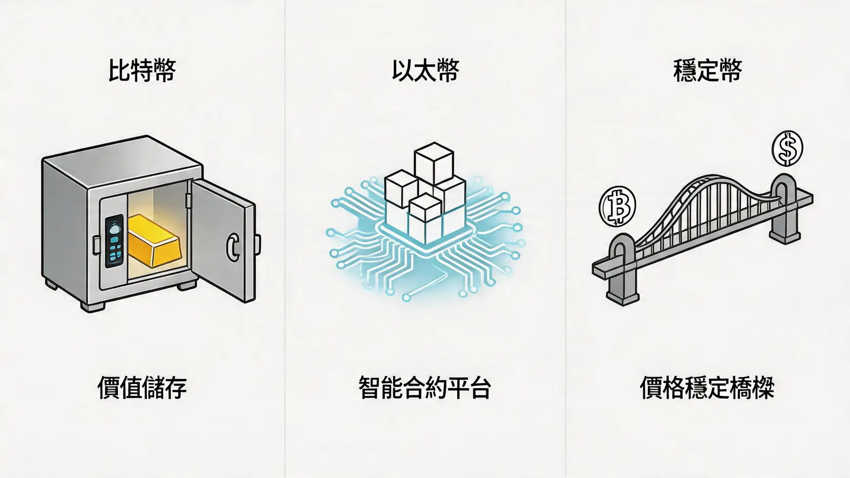 一張對比圖,分別以數位黃金、區塊鏈作業系統和法幣橋樑來形象化解釋比特幣、以太幣和穩定幣的核心價值。