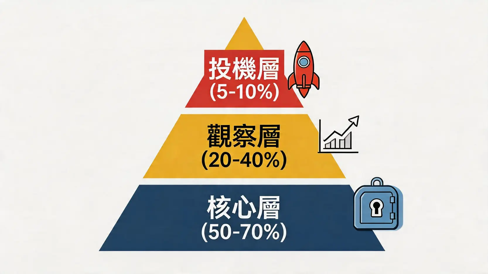 金字塔式倉位管理模型,將加密貨幣投資組合分為核心層、觀察層和投機層三個風險等級。