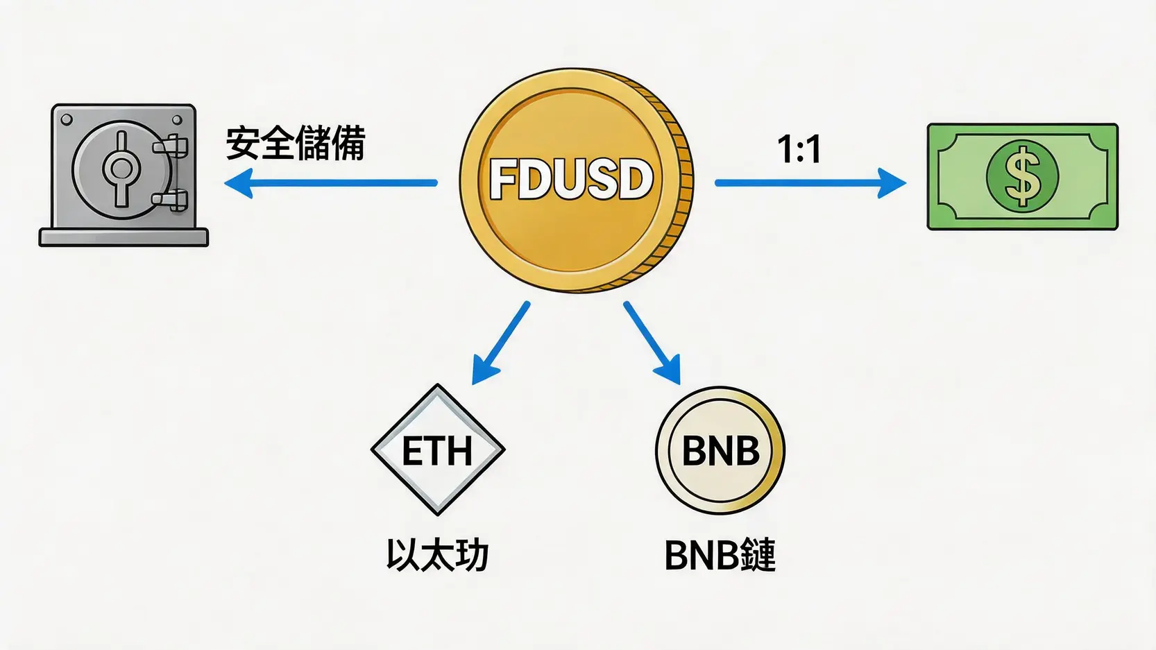 FDUSD穩定幣核心概念圖,展示其與美元1:1掛鉤、擁有安全儲備金以及支持多個區塊鏈的特點。