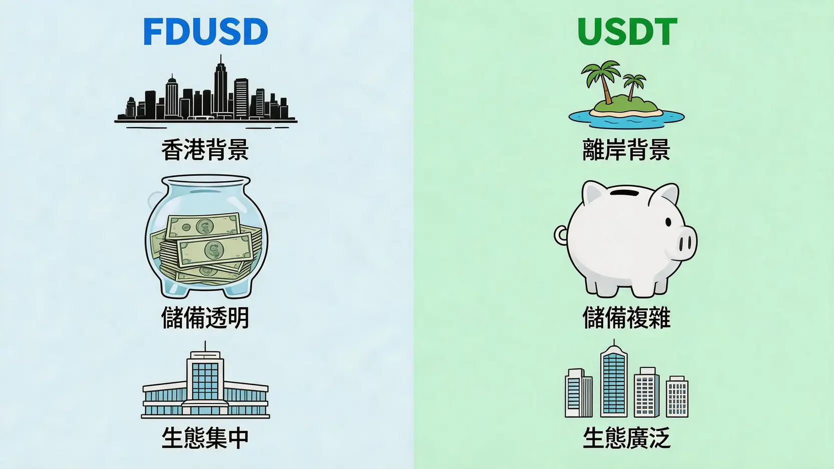 FDUSD與USDT穩定幣的對比圖,從監管背景、儲備透明度和生態系統三個方面展示兩者的主要差異。