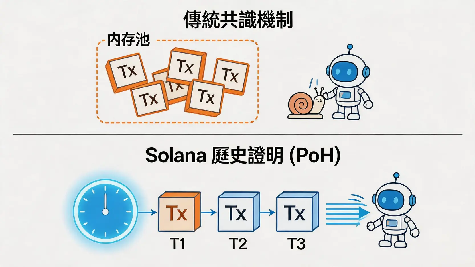 一張圖解釋Solana的歷史證明(PoH)共識機制,展示了PoH如何像一個去中心化時鐘一樣為交易提供可驗證的時間順序,從而提高處理效率。