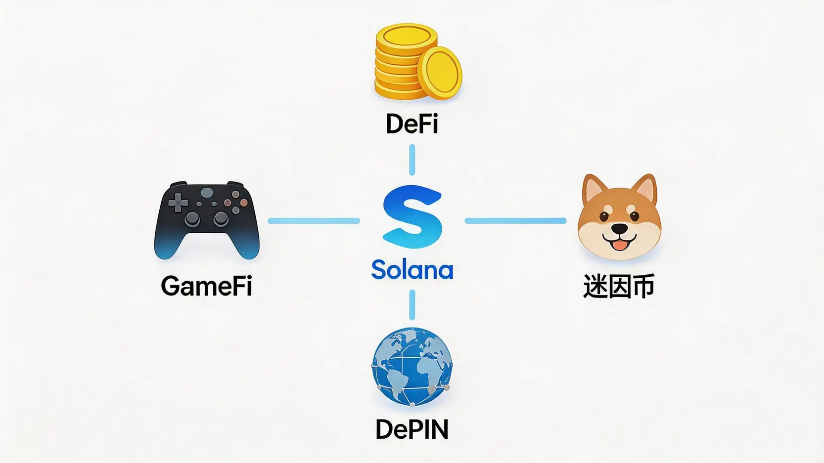 Solana生態系統的四大核心賽道概覽圖,中心是Solana標誌,向外延伸出DeFi、迷因幣、DePIN和GameFi四個領域。